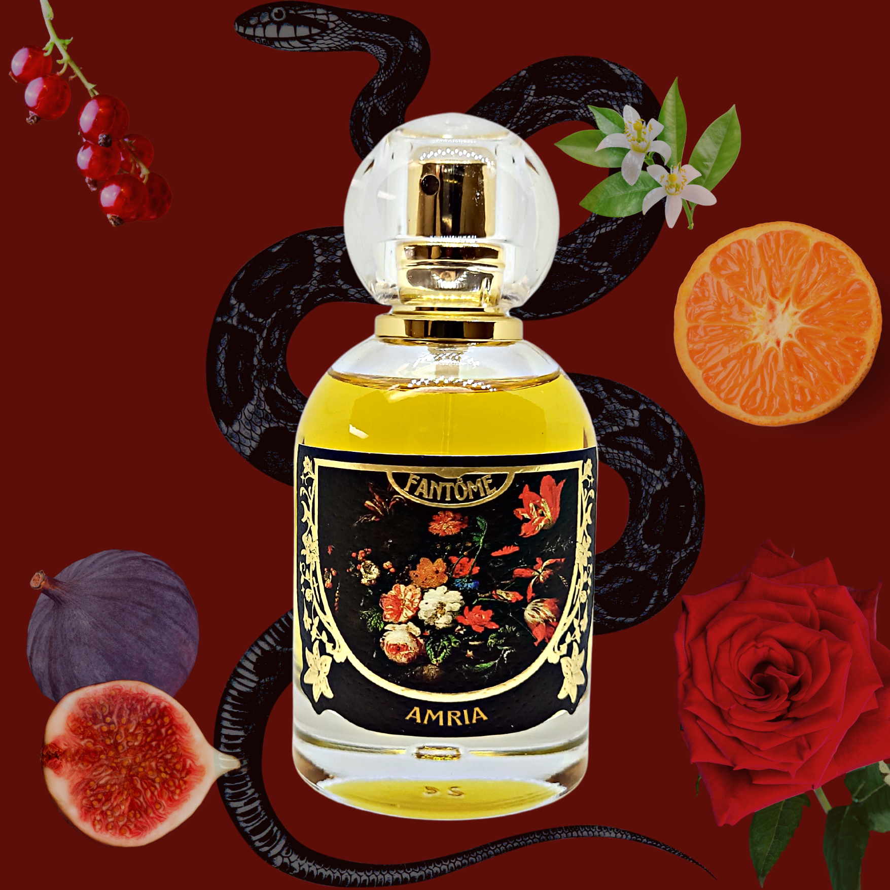 A glass bottle of 'Amria' perfume with a gold foil embossed label, surrounded by images of a black snake, red rose, orange slice, and fig.