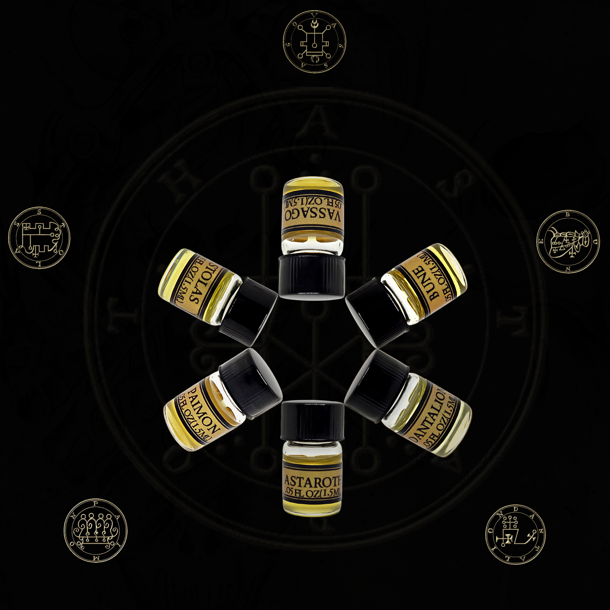 Six oil samples for the Goetia Collection on a dark background arranged to create a star on a Goetic symbol